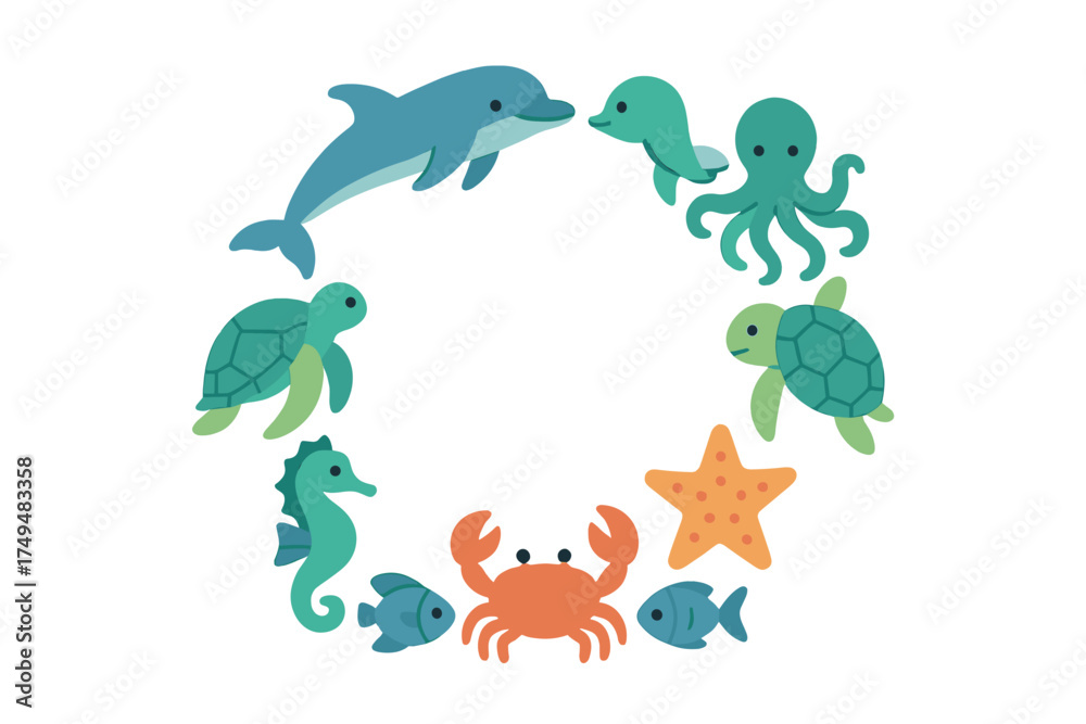 Obraz premium Cute marine animals arranged in a circular frame surrounding copy space on a white background