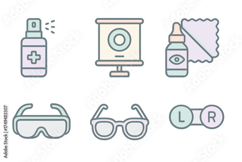 Collection of ophthalmology and vision care symbols including glasses, contact lenses, and eye drops
