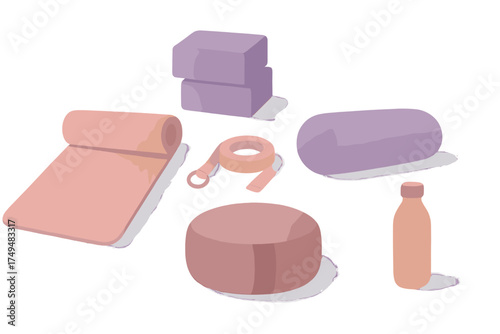 Essential collection of yoga and fitness accessories including mat blocks strap bolster and hydration bottle