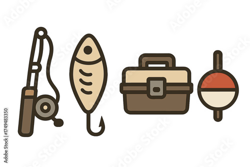 Essential fishing equipment set including rod, reel, lure, tackle box, and bobber float