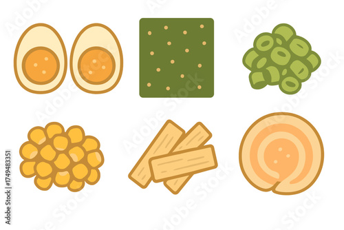 Stylized collection of Asian food ingredients including eggs, fish cakes, seaweed, and scallions