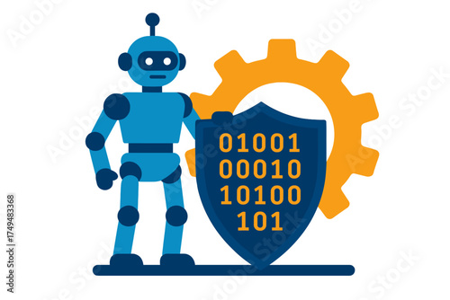 Blue humanoid robot holding a security shield displaying binary code next to a large orange gear symbolizing technology and defense