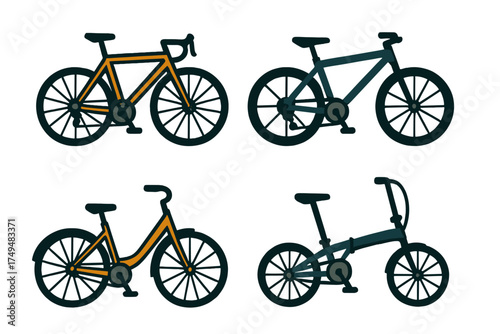 Modern bicycles set featuring road, mountain, city, and folding models