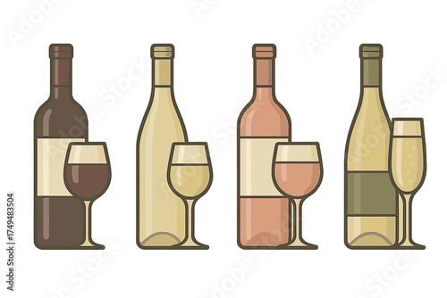 Set of four wine bottles and glasses for red, white, rose, and sparkling varieties