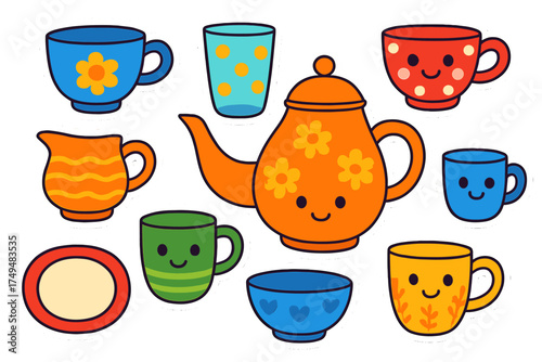 Adorable cartoon kitchenware set featuring teapot, coffee cups, pitcher, bowl, and glass with smiling faces