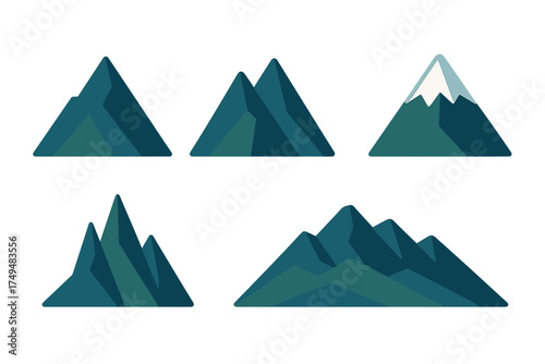 Five stylized geometric mountain peak icons in teal and dark green for nature logos and design