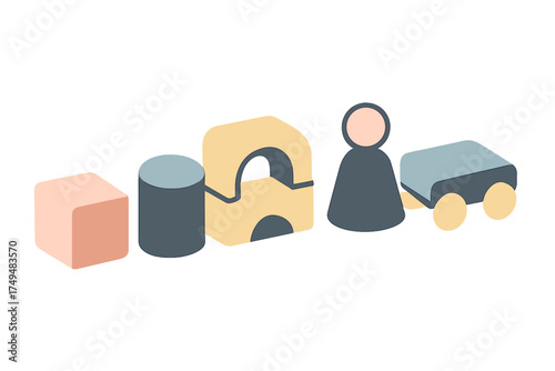 Simple geometric wooden toys set including cube cylinder arch and wagon in pastel colors