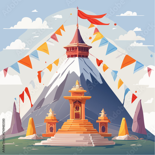 Mountain temple with prayer flags and clouds
