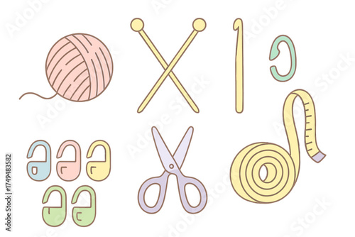 Pastel colored collection of knitting and sewing supplies including yarn, needles, scissors, and measuring tape