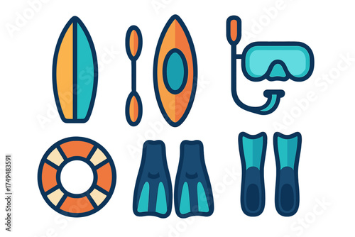 Essential gear for summer vacation and water sports including surfboard, kayak, snorkel, and fins