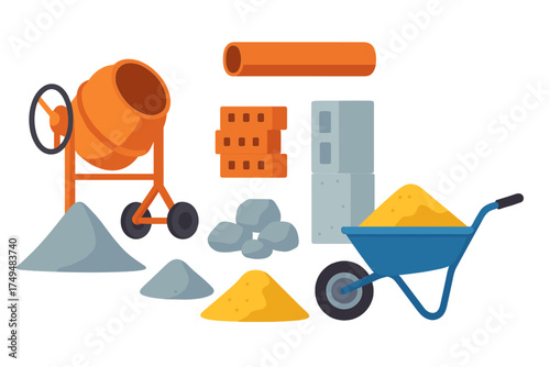 Set of construction materials and equipment including cement mixer wheelbarrow bricks sand and concrete blocks