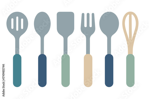 Minimalist set of kitchen utensils including spoons spatula fork and whisk in pastel colors