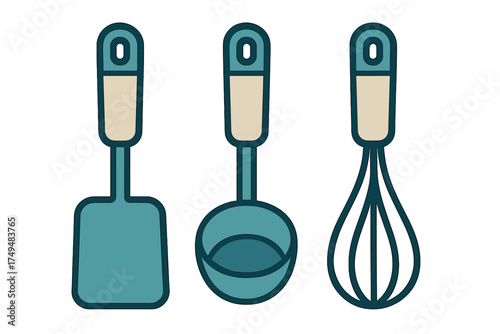 Essential kitchen cooking tools set featuring a spatula, soup ladle, and wire whisk