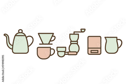 Essential tools collection for manual coffee brewing including kettle grinder and scale