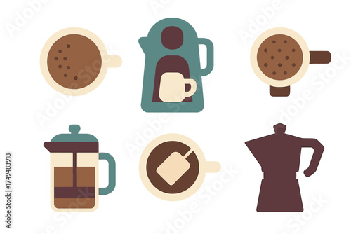 Flat style icons of coffee and tea brewing equipment and hot drinks in mugs