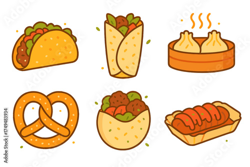 Popular international street food collection featuring taco burrito pretzel and dumplings