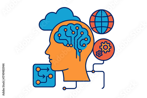 Artificial intelligence brain processing data and algorithms connected to cloud technology