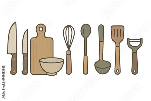 Essential cooking tools and kitchen utensils set including knives cutting board whisk and ladle