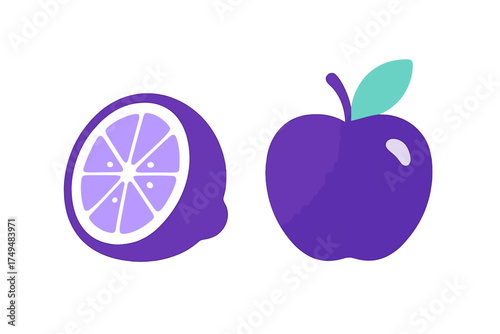Stylized purple citrus slice and whole apple fruit icons on white background