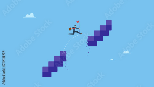 Ambitious businessman jump pass broken stair gap to reach target. Overcome difficulty or obstacle to grow career path, challenge and risk to success and win business competition.