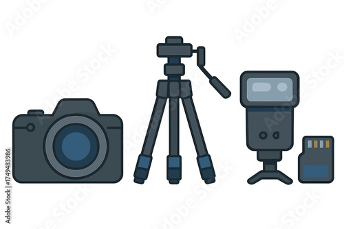 Professional digital camera equipment set including DSLR body tripod flash and memory card
