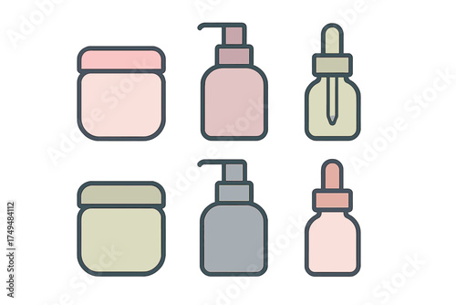 Collection of six pastel colored cosmetic and skincare product containers for beauty and hygiene concepts