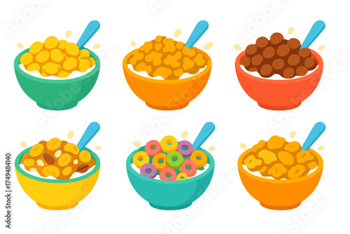 Collection of six colorful bowls filled with various types of breakfast cereals and milk ready for consumption