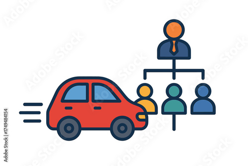 Red car moving quickly alongside a business organizational structure chart