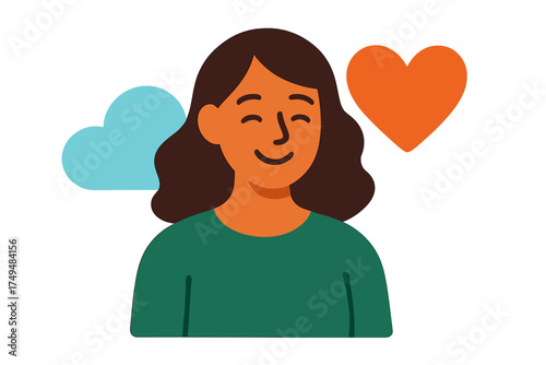 Smiling woman with heart and cloud symbols representing positive thoughts and mental well-being