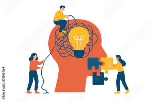 Teamwork solving a complex mental problem by untangling thoughts and fitting puzzle pieces into a human head silhouette