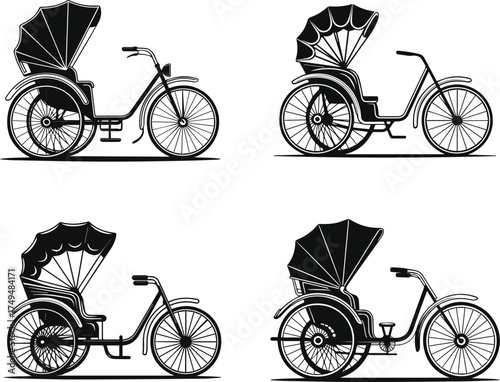 Set of Rickshaw silhouette, line art vector illustration