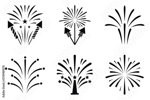 New Year fireworks minimal flat vector icon set. black color and white background.