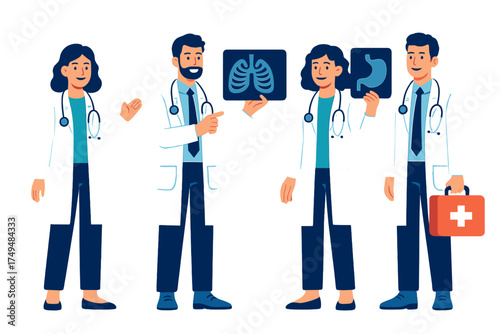 Medical team presenting internal organ x-rays and first aid kit