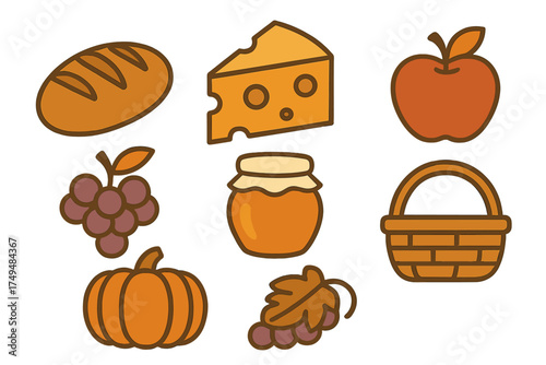 Set of stylized icons representing harvest and autumn food items
