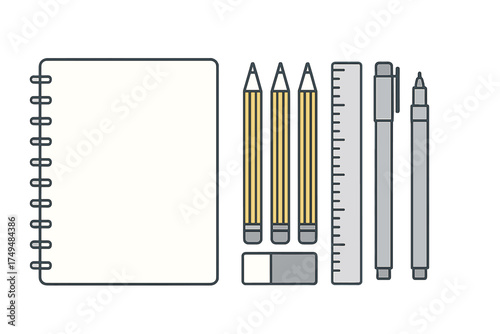 Spiral notebook with pencils ruler eraser and pens on white background