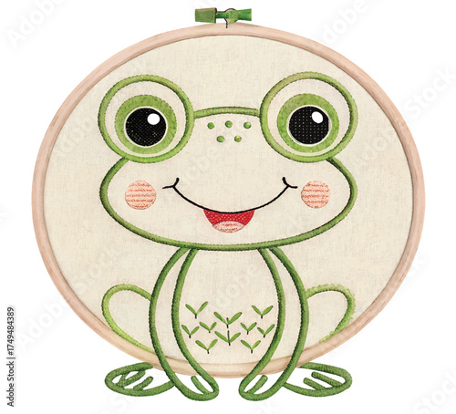 Delightful embroidered frog design, perfect for children's crafts and whimsical decor projects, a charming touch of handmade artistry and cheerful character