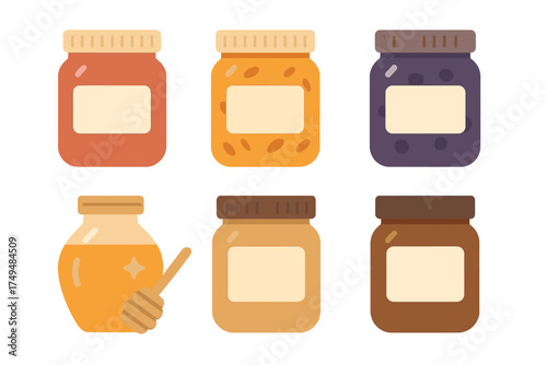 Assortment of various fruit jams and honey jars with dipper