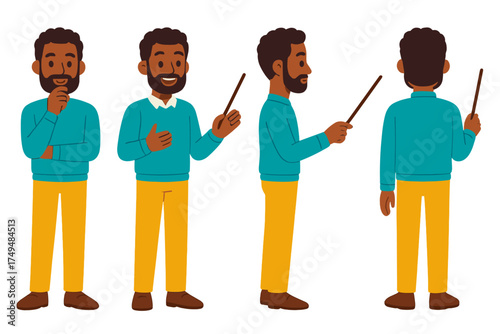 Bearded Black man teacher character set with pointer stick in four poses