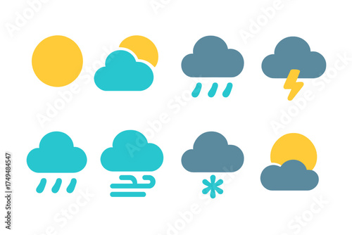 Eight stylized weather symbols for sun, clouds, rain, wind, and snow
