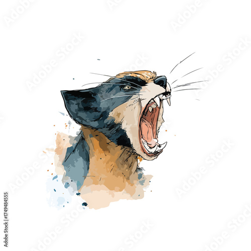 Expressive Watercolor Cat Yawning Illustration.