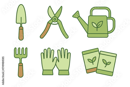 Essential gardening tools and supplies line art icons for planting