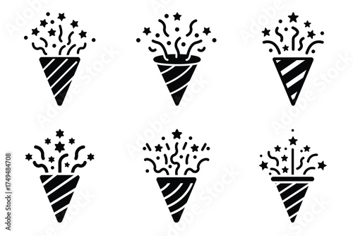 Party popper minimal flat vector icon set. black color and white background.