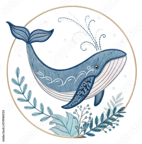 Whimsical whale illustration with floral accents, creating a dreamy and enchanting ocean scene for children's designs and nature-inspired projects