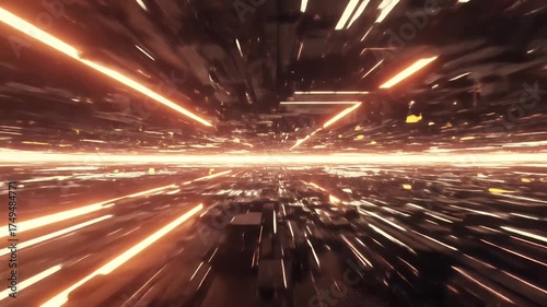 Abstract 3D Futuristic Digital Cityscape Background With Golden Lights Zooming Forward