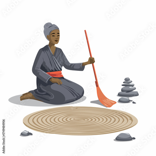 Person raking zen garden with stones and broom