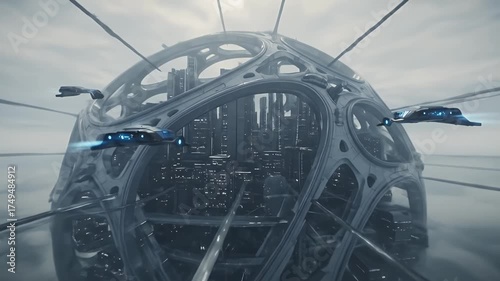 Abstract 3D Futuristic City Sphere With SciFi Ships In Clouds