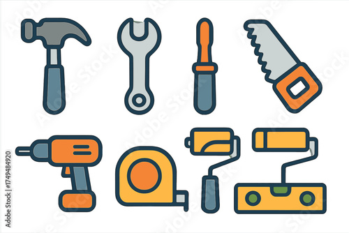 Colorful hand tools icons for construction and repair projects
