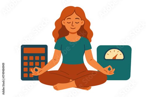 Woman meditating between weight scale and calculator for health balance