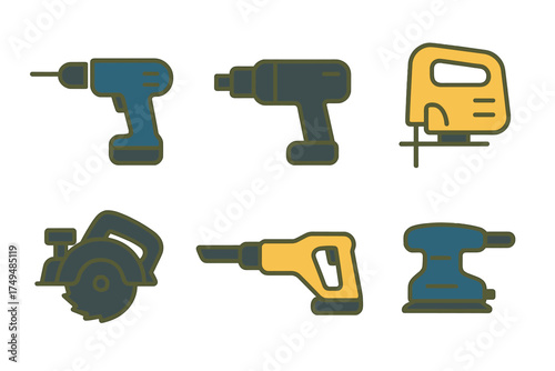 Six essential power tools icons: drill, saw, and sander graphics