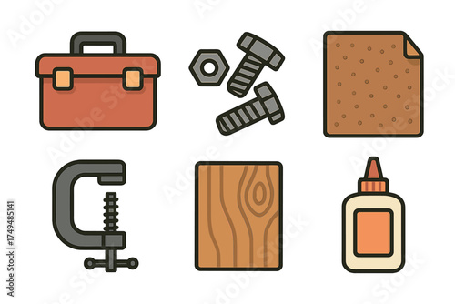 Carpentry and woodworking repair tools icons set for construction projects